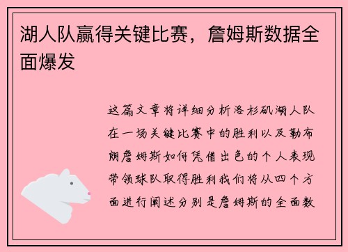 湖人队赢得关键比赛，詹姆斯数据全面爆发